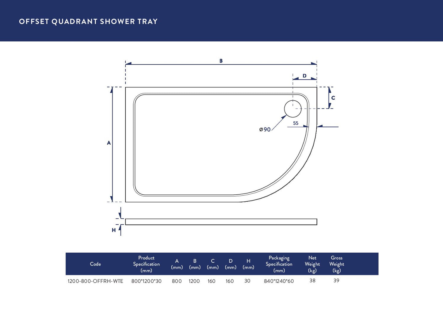 Shiren Offset Quad Shower Tray RH 1200 X 800