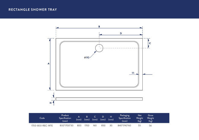 Shiren - 1700 x 800mm - Rectangle Stone Resin Shower Tray