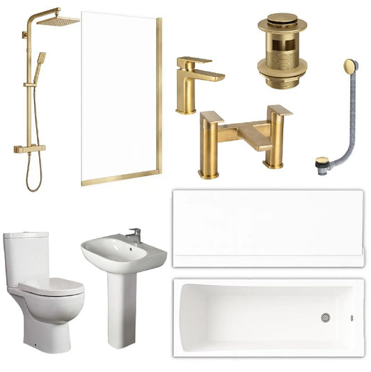 Complete Brushed Brass Tap Bathroom Suite, 1700 Bath, Shower Screen, Toilet, Basin and Pedestal, Brass Mura Taps, Thermostatic Shower, Wastes