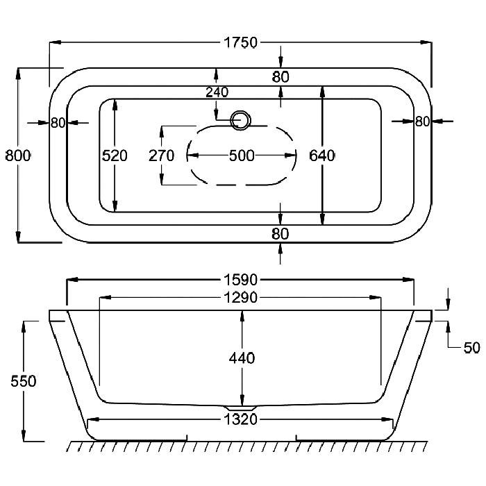 Alcyone Rectangular Freestanding Bath 1750 x 800 x 600