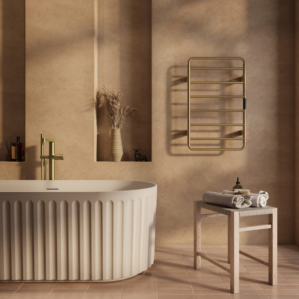Arora Brushed Brass 800 x 500mm Electric Towel Warmer Touch Pad Control