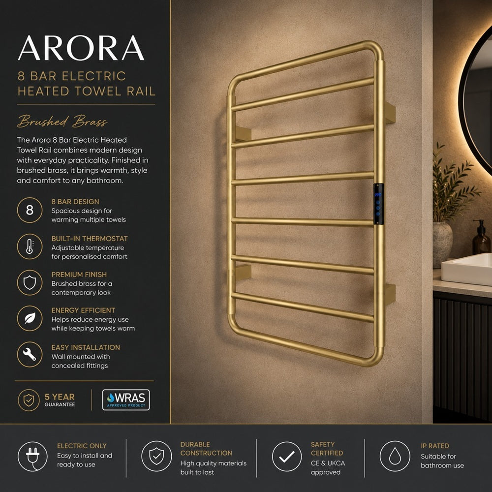 Arora Brushed Brass 800 x 500mm Electric Towel Warmer Touch Pad Control