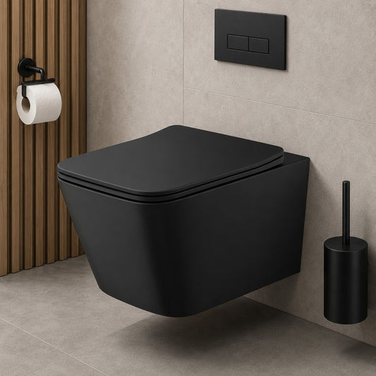 Corso River Matt Black Square Rimless Wall Hung Toilet Pan & Soft Close Seat - Hidden Fixation