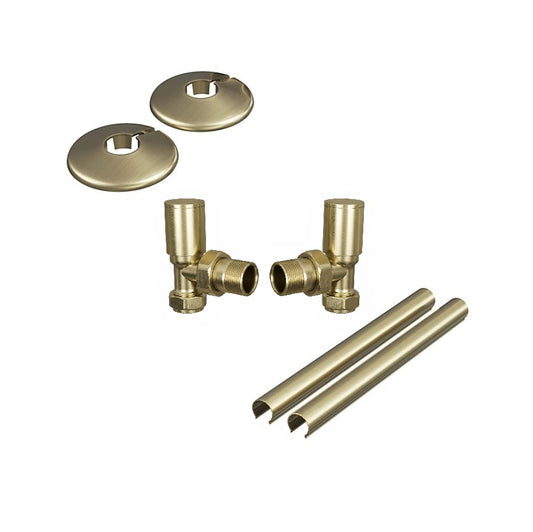 Brushed Brass Angled Radiator Valves Inc Pipe Covers and Collars