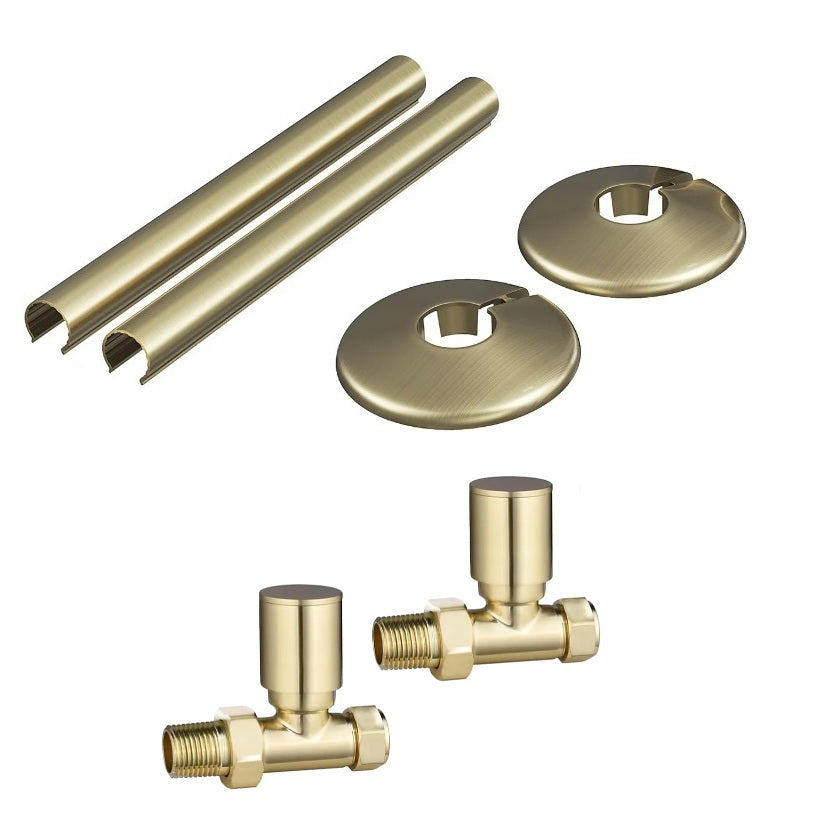 Brushed Brass Straight Radiator Valves Inc Pipe Covers and Collars
