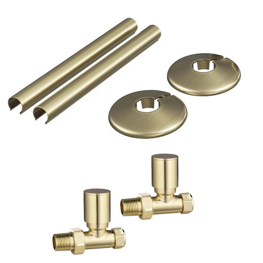 Brushed Brass Straight Radiator Valves Inc Pipe Covers and Collars