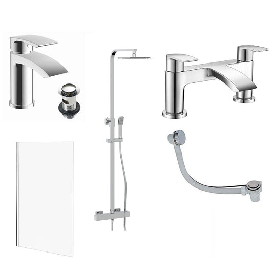 Modern Chrome Bathroom Suite with Thermostatic Shower Kit, Bath & Basin Mixer Taps, Wastes & Screen