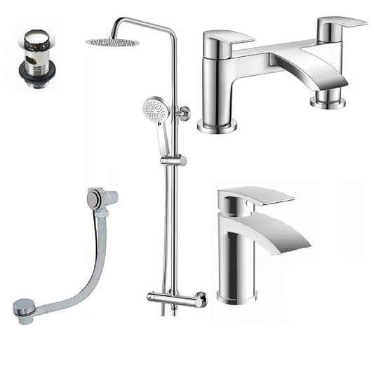 Round Chrome Thermostatic Dual Function Shower Kit with Sleek Basin Mixer Tap and Bath Filler Set inc. Waste Set