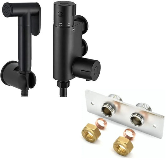 Matt Black Thermostatic Douche Shattaf Valve, Handheld Spray and Concealed Wallplate