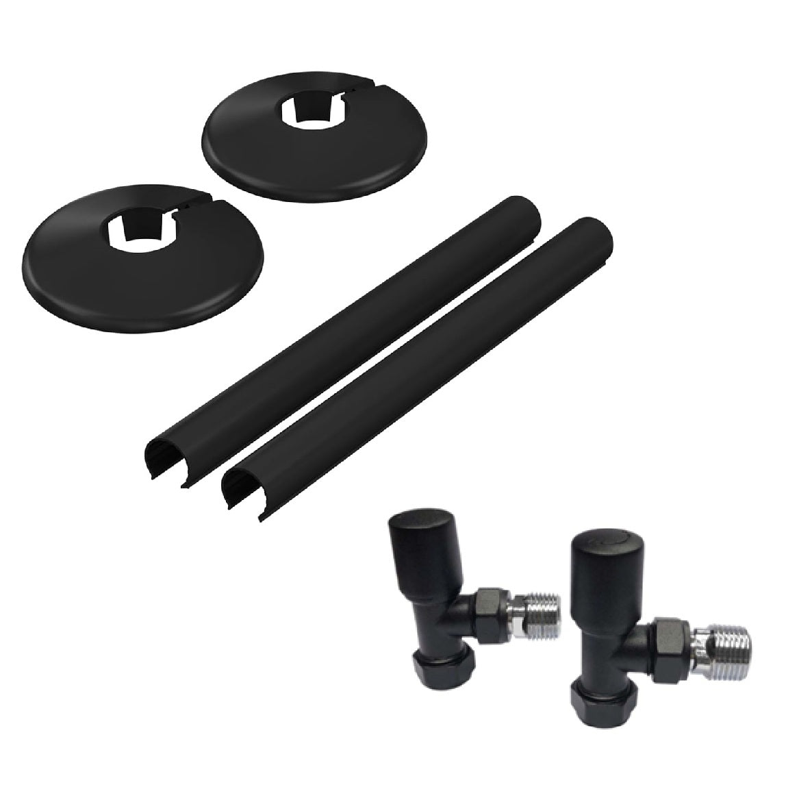 Noir Matt Black Angled Radiator Valves Inc Pipe Covers and Collars