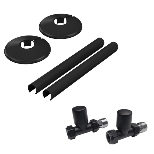 Noir Matt Black Straight Radiator Valves Inc Pipe Covers and Collars