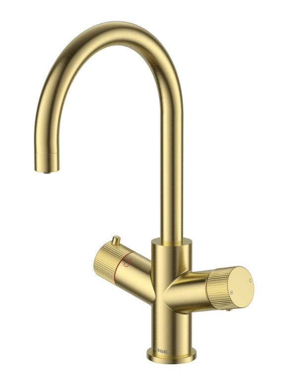Koba Brushed Brass 3-in-1 Swan Neck Spout Boiling Tap – With Hot Water Tank & Filtration Kit