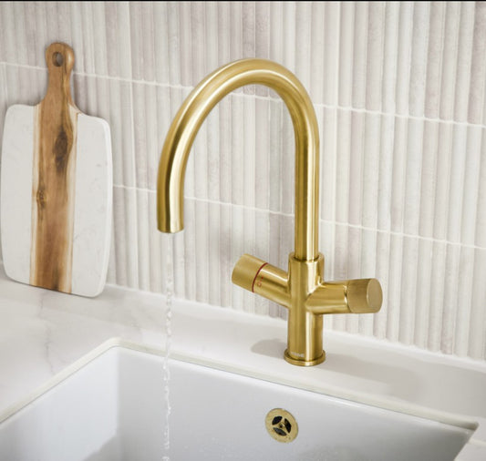 Koba Brushed Brass 3-in-1 Swan Neck Spout Boiling Tap – With Hot Water Tank & Filtration Kit