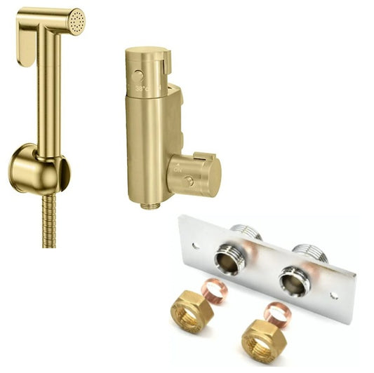 Brushed Brass Thermostatic Douche Shattaf Valve, Handheld Spray and Concealed Wallplate