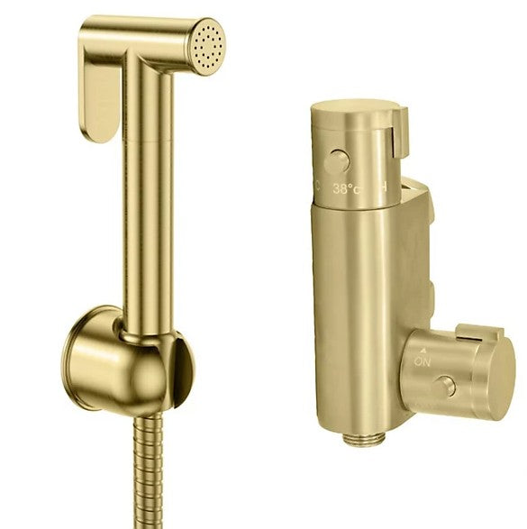 Brushed Brass Thermostatic Douche Shattaf Valve, Handheld Spray and Concealed Wallplate