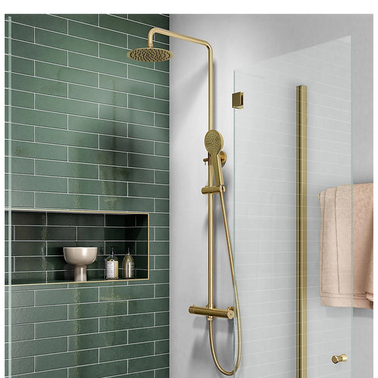 Brushed Brass Overhead Thermostatic Rigid Riser Shower Kit