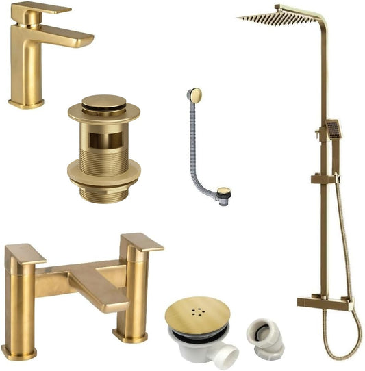 Brushed Brass Shower Kit Rigid Riser Over Head Rainfall & Brushed Brass Tap Pack