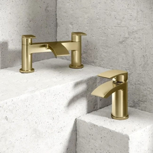 Belantia Brushed Brass Bath Filler and Basin Mixer Pack Inc Wastes