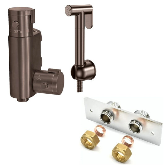 Brushed Bronze Thermostatic Douche Shattaf Valve, Handheld Spray and Concealed Wallplate