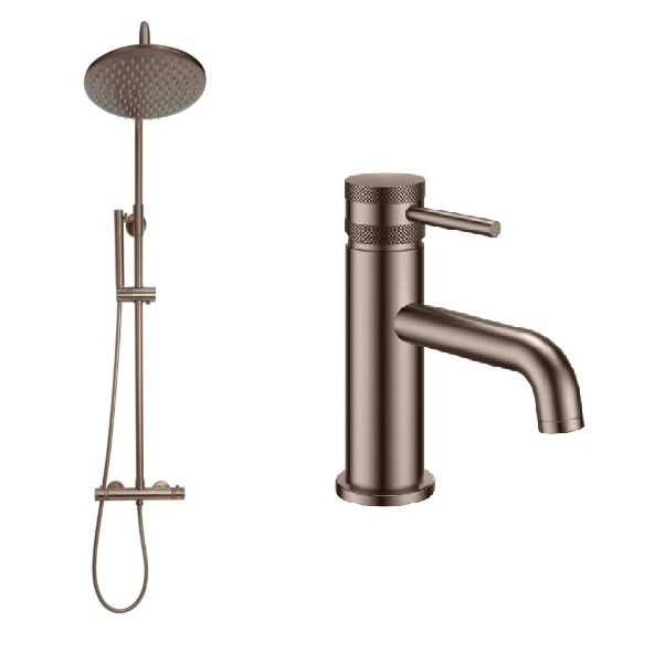 Apres Brushed Bronze Thermostatic Shower Kit & Basin Mixer Tap Diamond Cut Handles