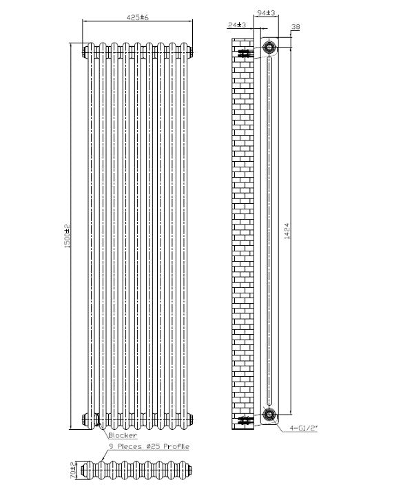Vertical 2 Column Designer Radiator – 1500 X 425 - White