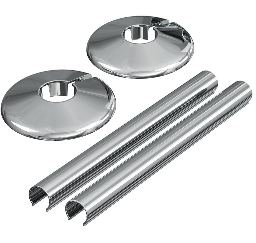 Luxury Chrome 15mm Radiator Pipe Covers & Collars Easy Clip-On Set (Pair)