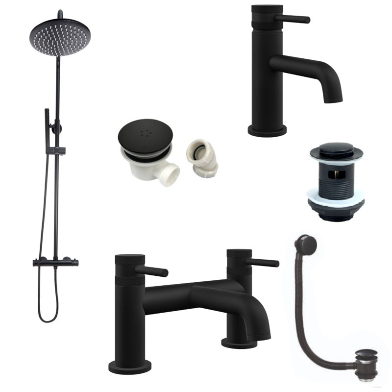 Apres Black Complete Tap Pack - Rigid Riser Shower, Bath Filler, Basin Mixer and All Wastes