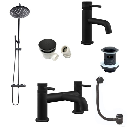 Apres Black Complete Tap Pack - Rigid Riser Shower, Bath Filler, Basin Mixer and All Wastes