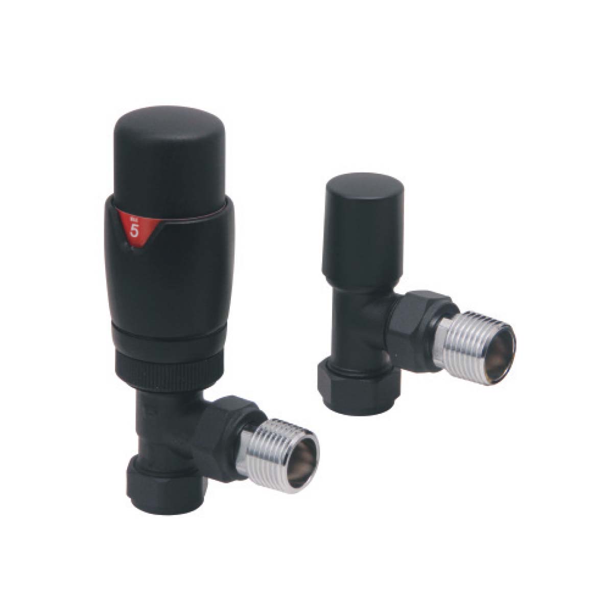 Noir Matt Black Angled Thermostatic Radiator Valve (TRV) & Lockshield Set 15mm, including Matching Pipe Covers & Collars
