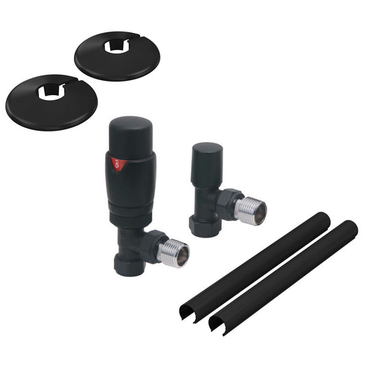 Noir Matt Black Angled Thermostatic Radiator Valve (TRV) & Lockshield Set 15mm, including Matching Pipe Covers & Collars