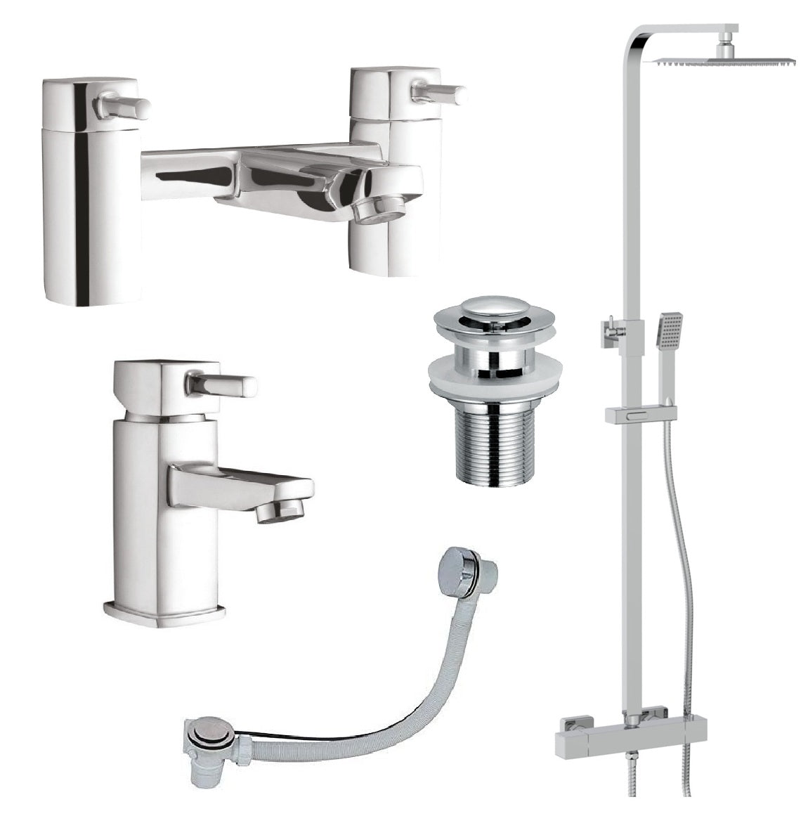 Square Chrome Thermostatic Overhead Shower Kit with Cube Basin Mixer Tap & Bath Filler Set inc. Waste Set