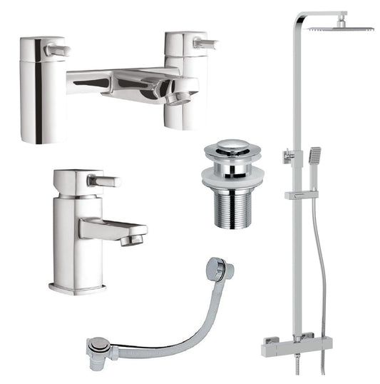 Square Chrome Thermostatic Overhead Shower Kit with Cube Basin Mixer Tap & Bath Filler Set inc. Waste Set