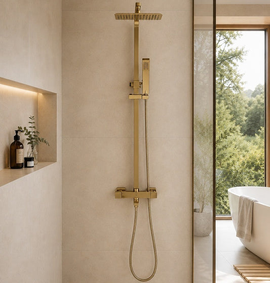 Beulah Square Thermostatic Brushed Brass Dual Head Shower and Bath Filler - 3-In-1