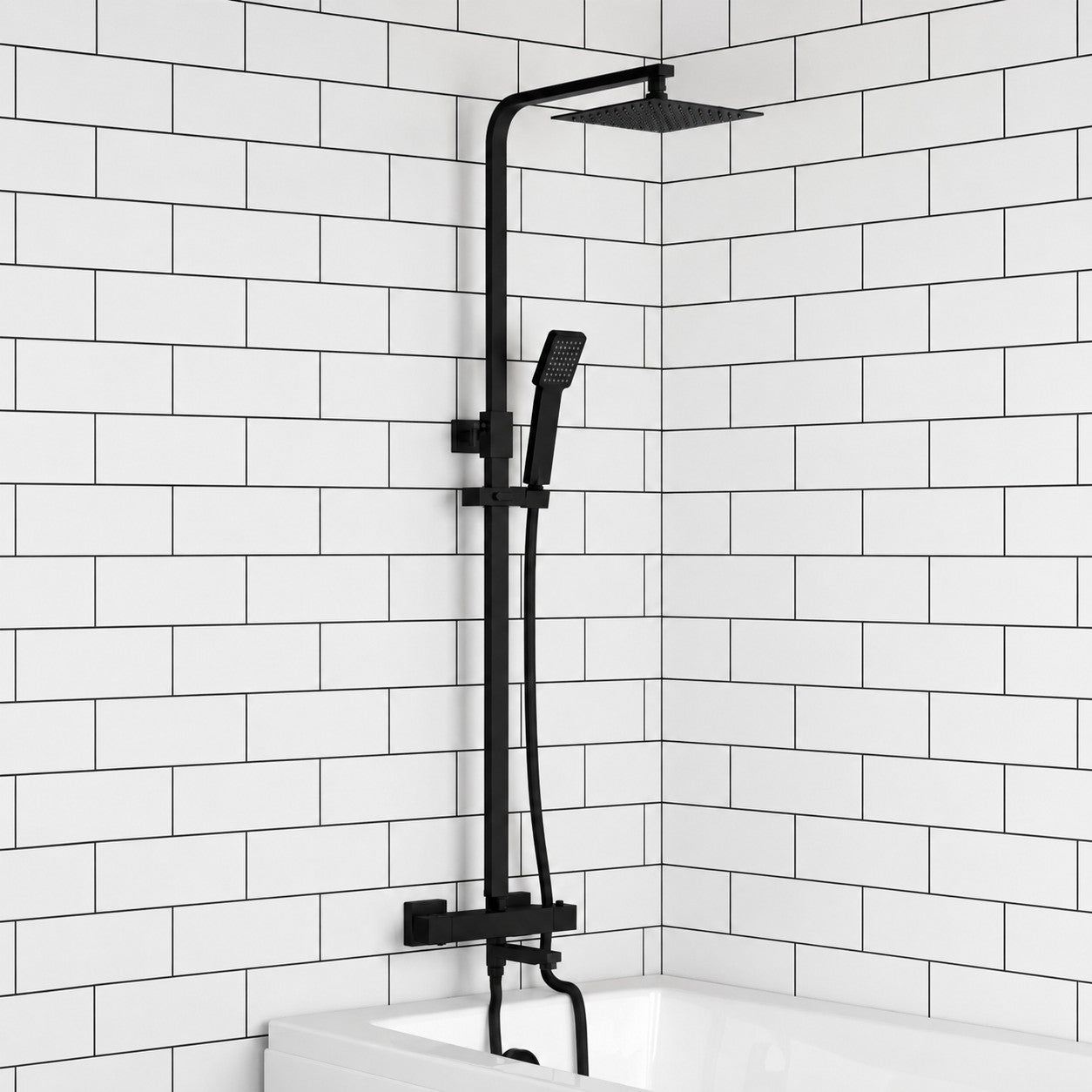 Beulah Square Thermostatic Matt Black Dual Head Shower and Bath Filler - 3-In-1