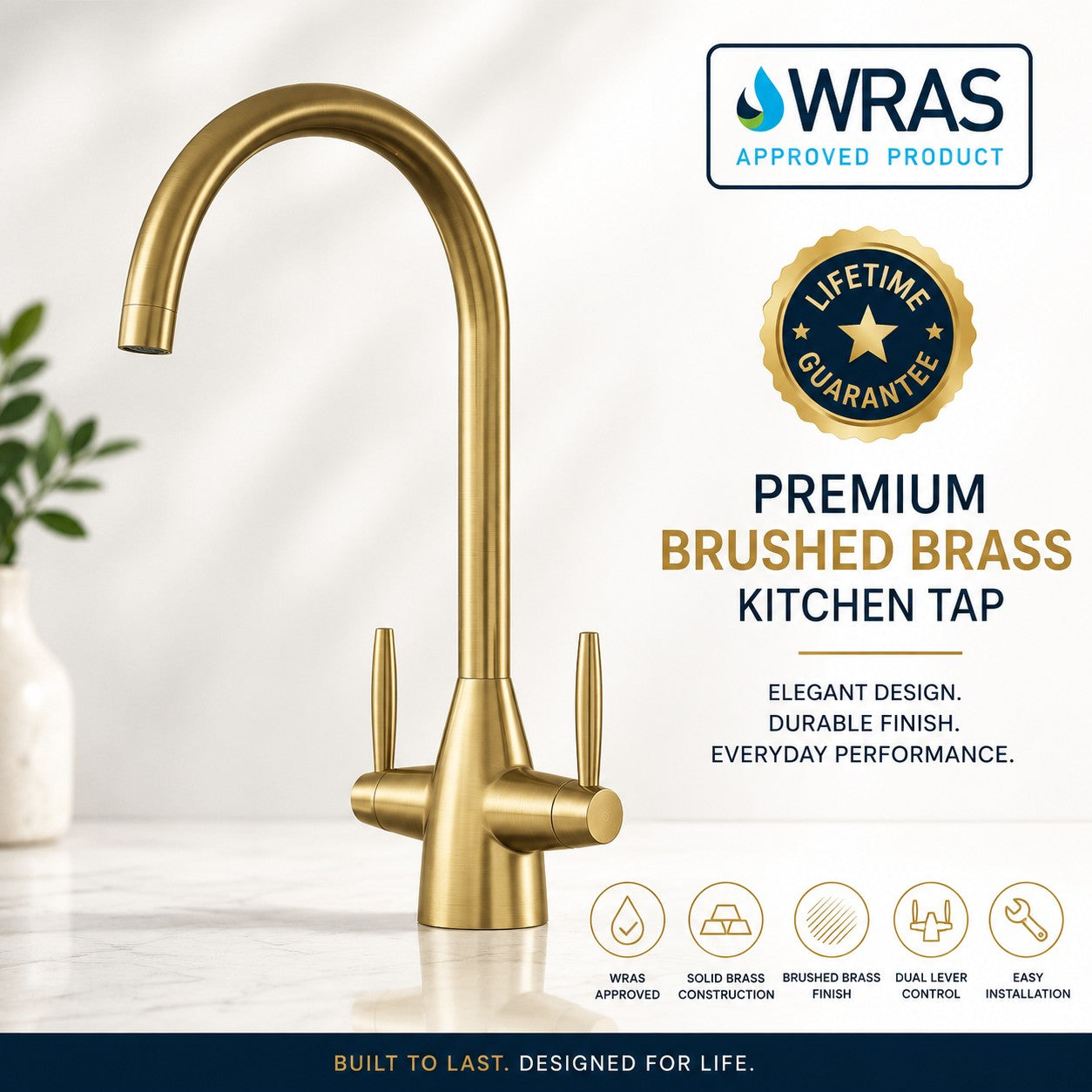 Harlo Twin Lever Monobloc Kitchen Mixer Tap - Brushed Brass Finish