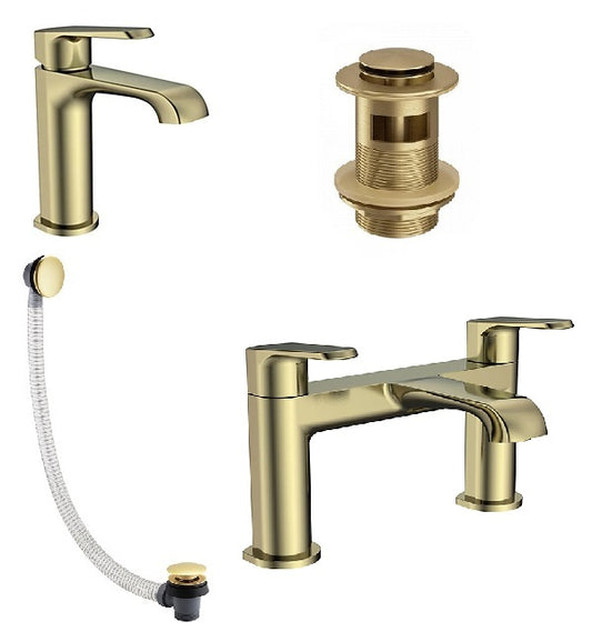 Lunar Brushed Brass Bath & Basin Tap Set with Wastes, Bath Filler & Mono Mixer Tap - Lifetime Guarantee