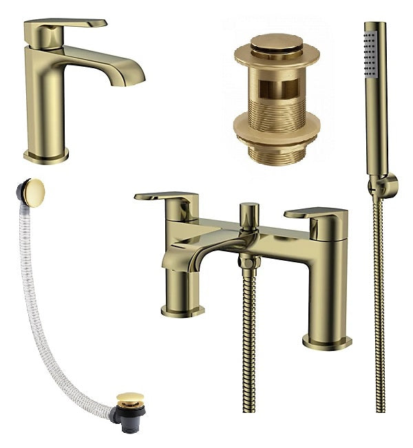 Lunar Brushed Brass Bath & Basin Tap Set with Hand Shower & Wastes - Life Time Guarantee