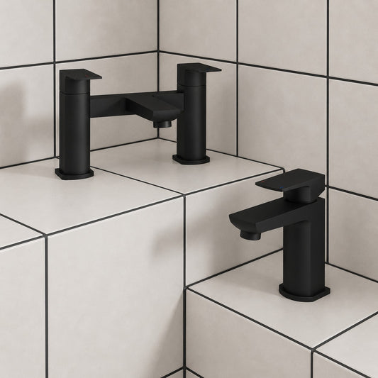 Rhodos Matt Black Bathroom Tap Pack - Bath Filler and Basin Mixer - Matt Black