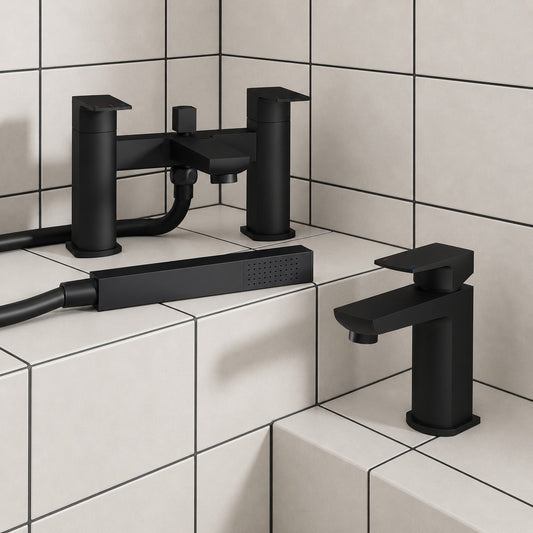 Rhodos Matt Black Bathroom Tap Pack - Bath Shower Mixer and Basin Mixer - Matt Black