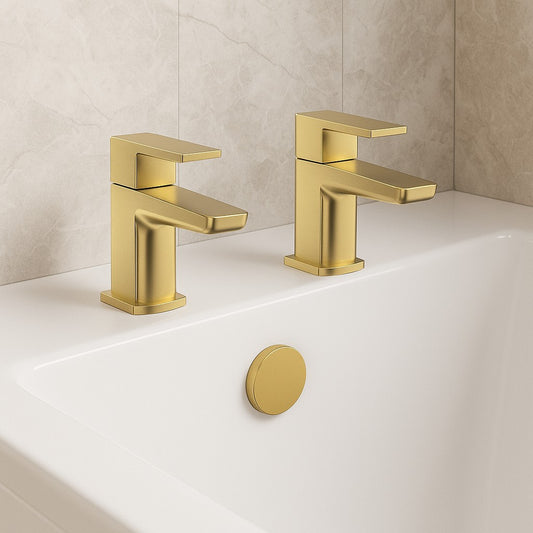 Mura Brushed Brass Bath Pillar Taps (Pair) Hot and Cold