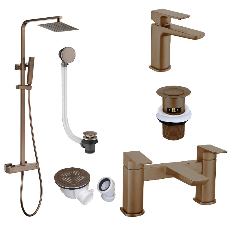 Brushed Bronze Complete Bathroom Tap and Thermostatic Shower Package