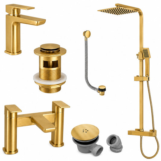 Brushed Brass Shower Kit Rigid Riser Over Head Rainfall & Brushed Brass Tap Pack