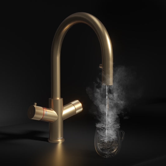 Koba Brushed Brass 4-in-1 Swan Neck Pull Out Spout Boiling Tap – With Hot Water Tank & Filtration Kit