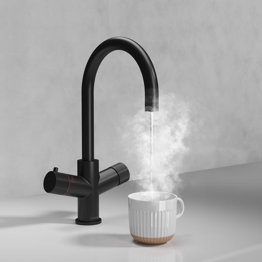 Koba Matte Black 3-in-1 Swan Neck Spout Boiling Tap – With Hot Water Tank & Filtration Kit