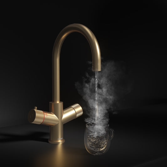 Koba Brushed Brass 3-in-1 Swan Neck Spout Boiling Tap – With Hot Water Tank & Filtration Kit