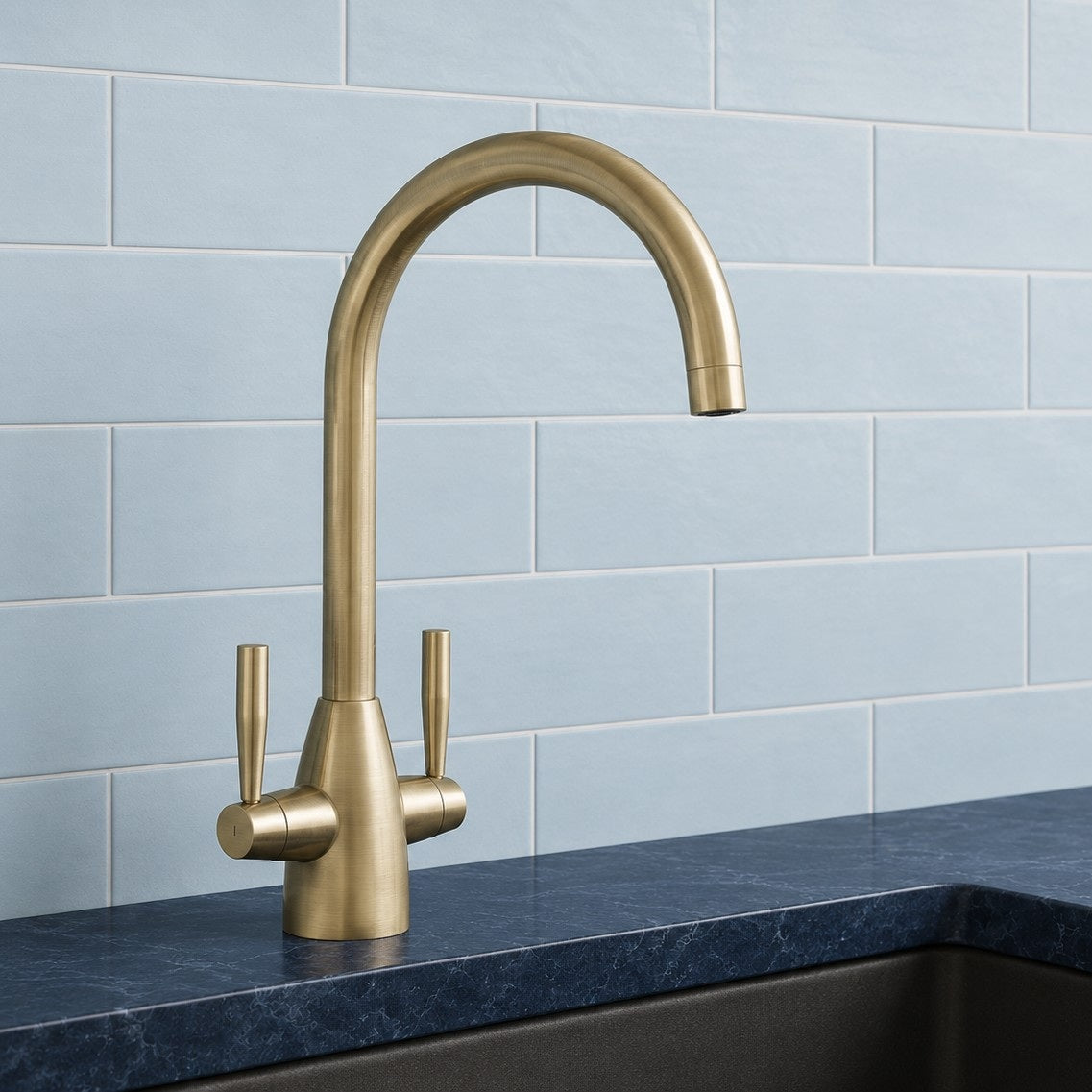 Harlo Twin Lever Monobloc Kitchen Mixer Tap - Brushed Brass Finish