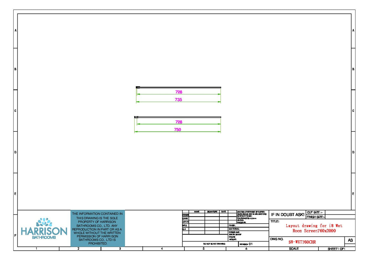 SL8 Wetroom Shower Screen 760mm - Chrome