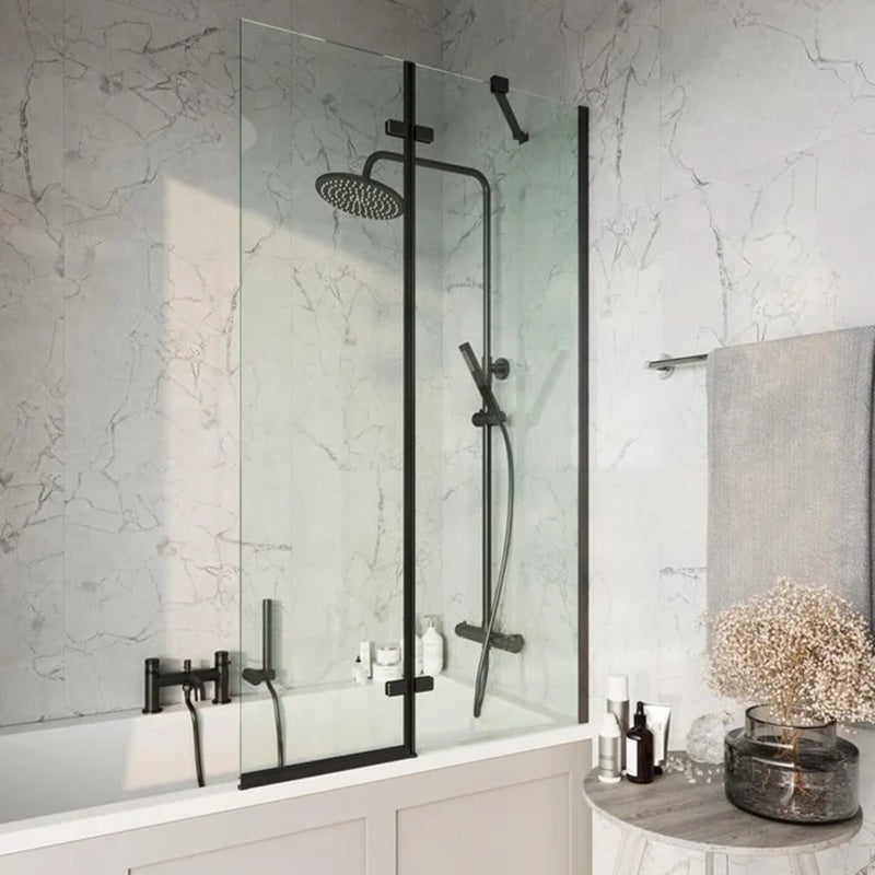Black Square 900mm Pivot Bath Screen Including Fixed Panel