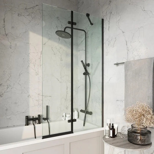 Black Square 900mm Pivot Bath Screen Including Fixed Panel