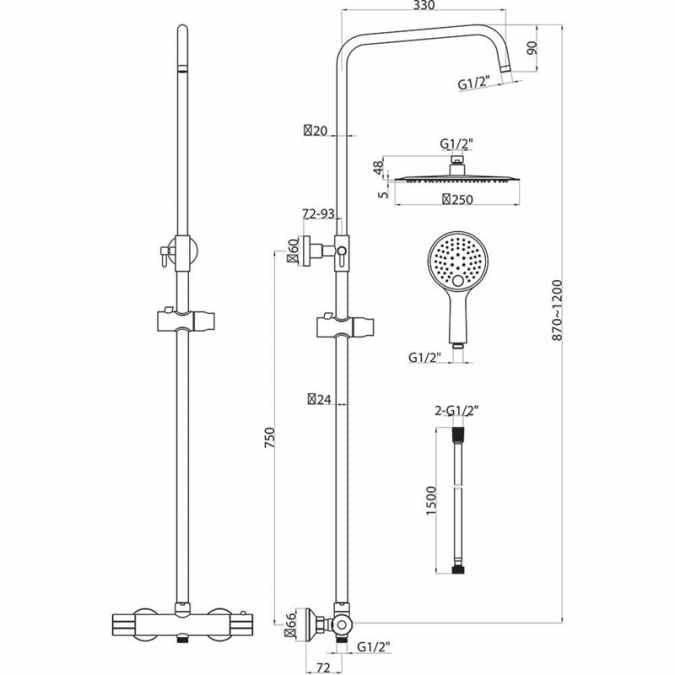 Messiah Cool Touch Bar Valve Twin Head Shower Set